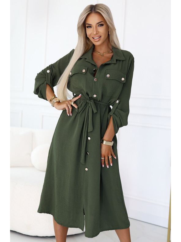 numoco 531-5 Midi košilové šaty se zlatými knoflíky a kravatou - KHAKI