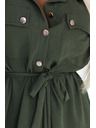 numoco 531-5 Midi košilové šaty se zlatými knoflíky a kravatou - KHAKI