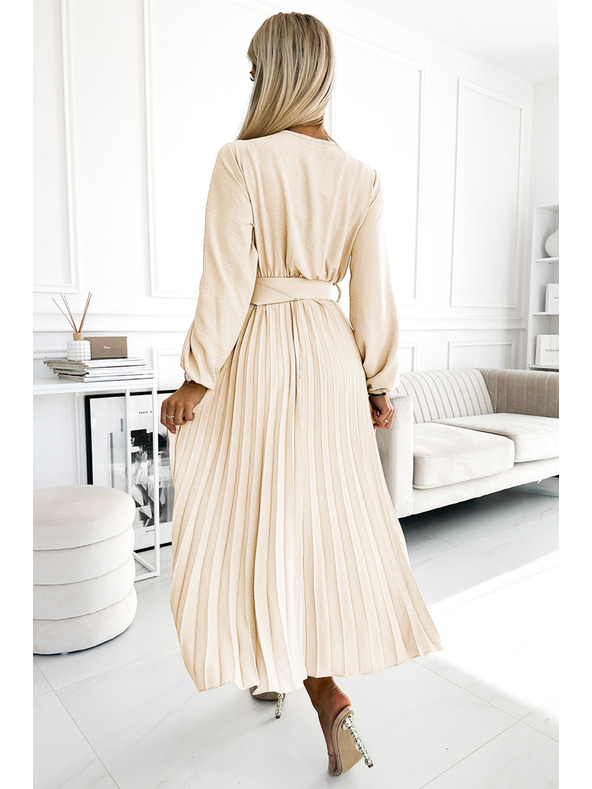 numoco 504-7 VIVIANA Plisované midi šaty s véčkovým výstřihem, dlouhým rukávem a širokým páskem - světle béžová