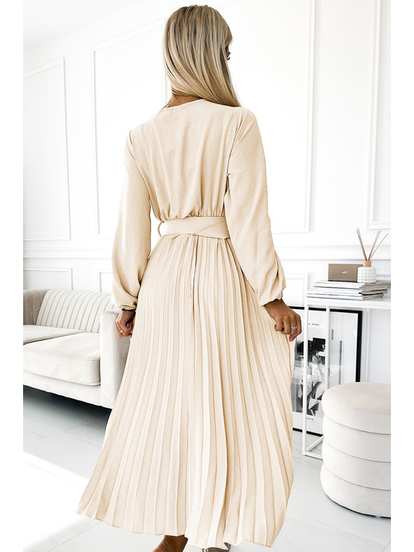 numoco 504-7 VIVIANA Plisované midi šaty s véčkovým výstřihem, dlouhým rukávem a širokým páskem - světle béžová