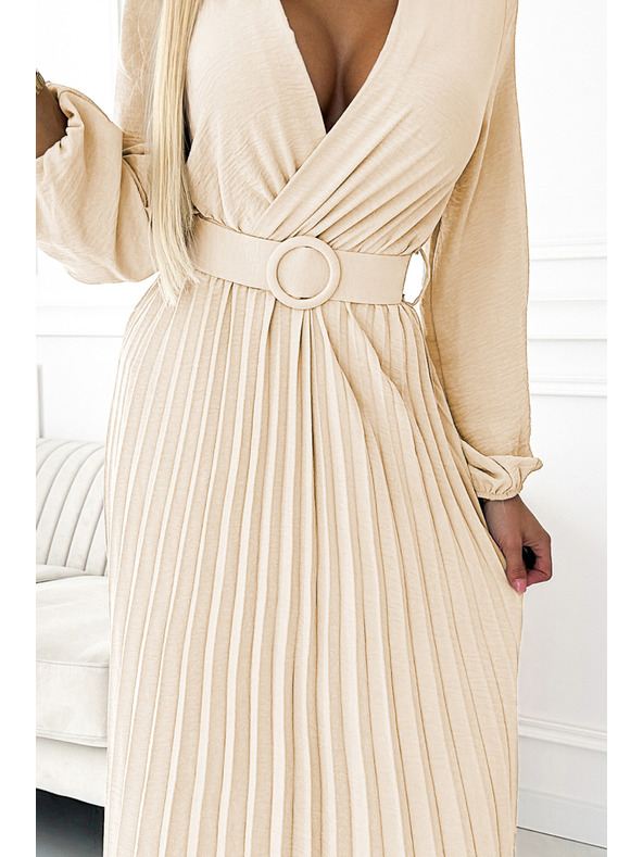 numoco 504-7 VIVIANA Plisované midi šaty s véčkovým výstřihem, dlouhým rukávem a širokým páskem - světle béžová
