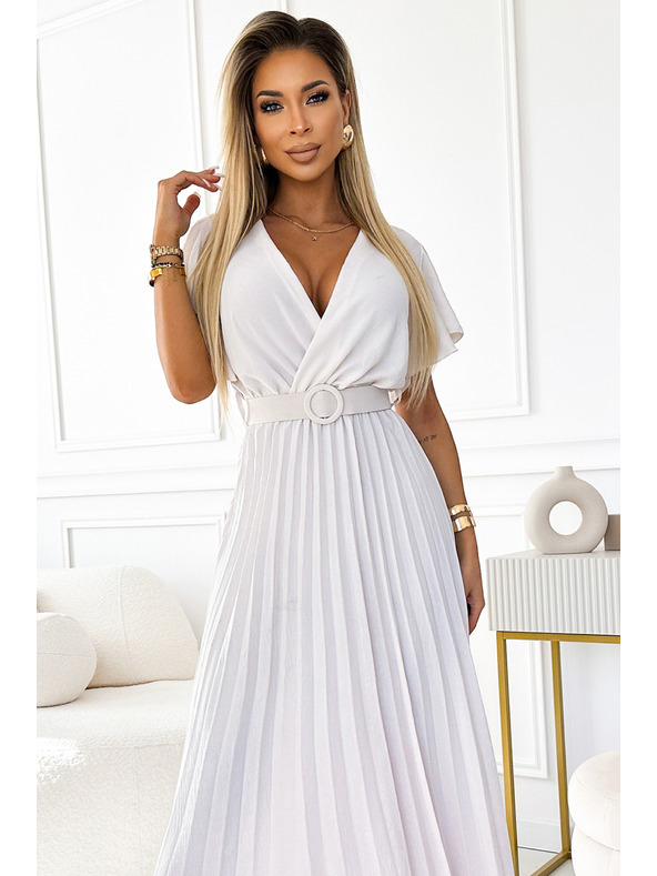 numoco 585-1 Plisované letní midi šaty s výstřihem a širokým páskem - ecru