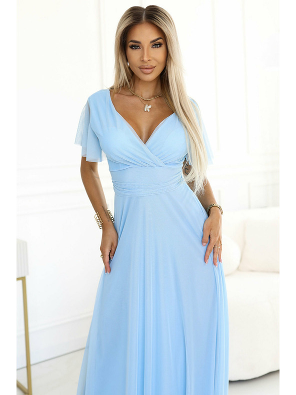 numoco 562-5 NASTIA Dlouhé šaty s výstřihem a krátkým rukávem - světle modré