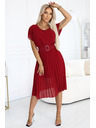 numoco 465-5 MIA Plisované šifonové midi šaty s širokým páskem - vínové