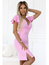 numoco 479-10 NINA elegantní šaty s výstřihem do V, rukávy a páskem - cukrovinkově růžové