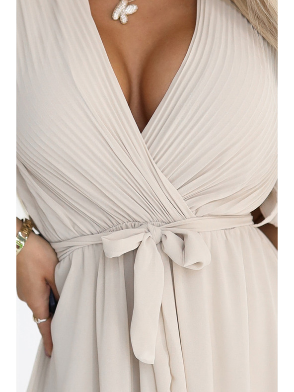 numoco 545-3 Dlouhé šaty s plisovaným výstřihem a zavazováním - béžové
