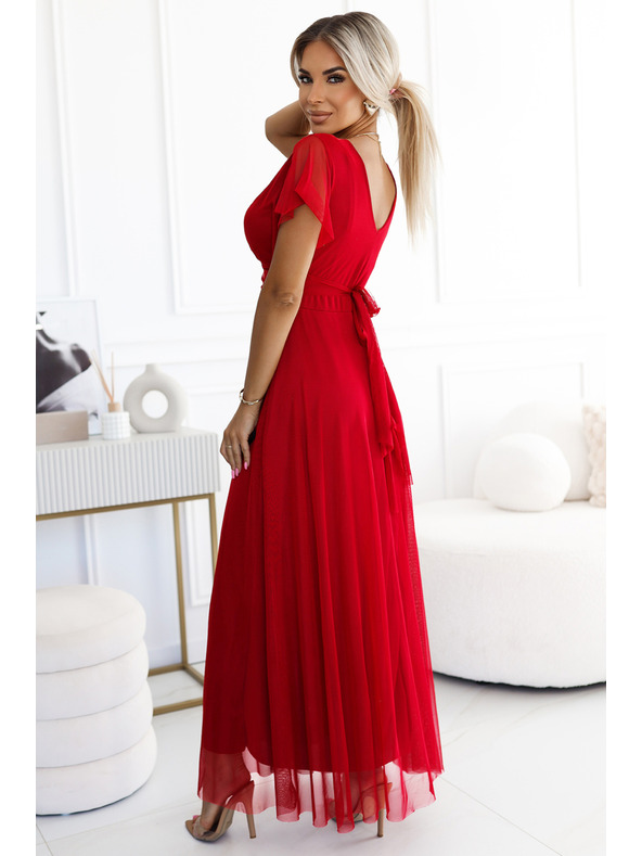 numoco 562-7 NASTIA Dlouhé šaty s výstřihem a krátkým rukávem - červené