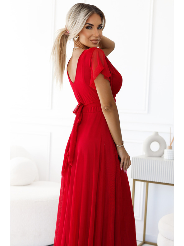 numoco 562-7 NASTIA Dlouhé šaty s výstřihem a krátkým rukávem - červené