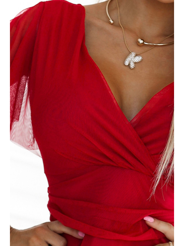 numoco 562-7 NASTIA Dlouhé šaty s výstřihem a krátkým rukávem - červené