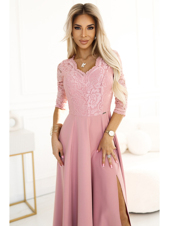 numoco Elegantní dlouhé krajkové šaty s výstřihem Numoco