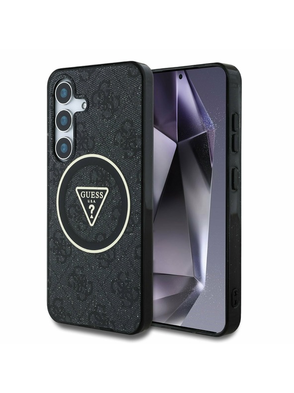 Guess IML 4G Glitter and Triangle Logo MagSafe Zadní Kryt pro Samsung Galaxy S25 Black Obal na telefon