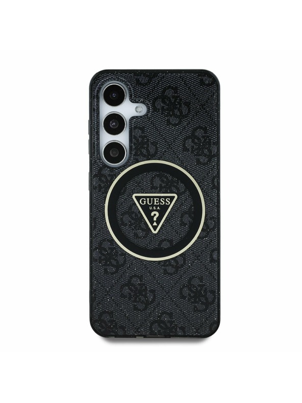 Guess IML 4G Glitter and Triangle Logo MagSafe Zadní Kryt pro Samsung Galaxy S25 Black Obal na telefon