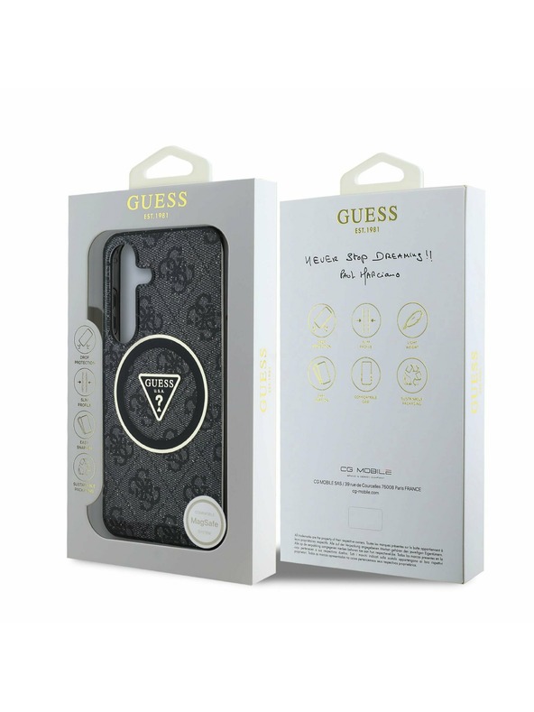 Guess IML 4G Glitter and Triangle Logo MagSafe Zadní Kryt pro Samsung Galaxy S25 Black Obal na telefon