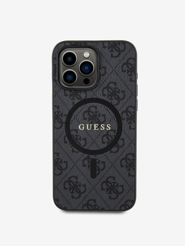 Guess PU Leather 4G Colored Ring MagSafe Zadní Kryt pro iPhone 15 Pro Black Obal na telefon