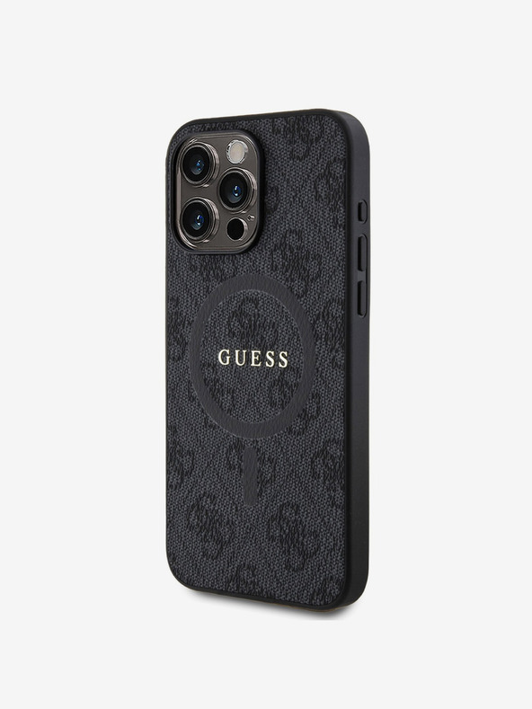 Guess PU Leather 4G Colored Ring MagSafe Zadní Kryt pro iPhone 15 Pro Black Obal na telefon