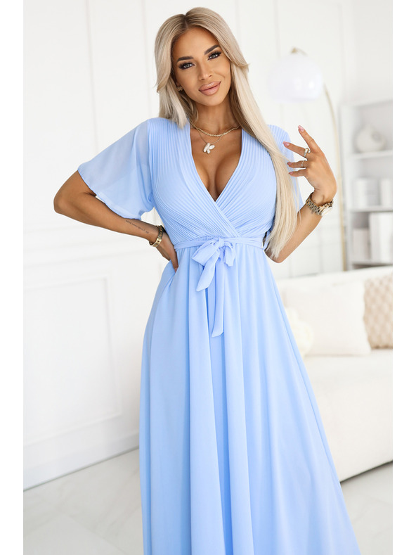 numoco 545-2 Dlouhé šaty s plisovaným výstřihem a zavazováním - světle modré