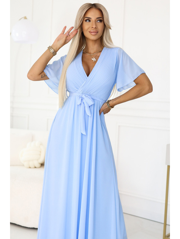 numoco 545-2 Dlouhé šaty s plisovaným výstřihem a zavazováním - světle modré