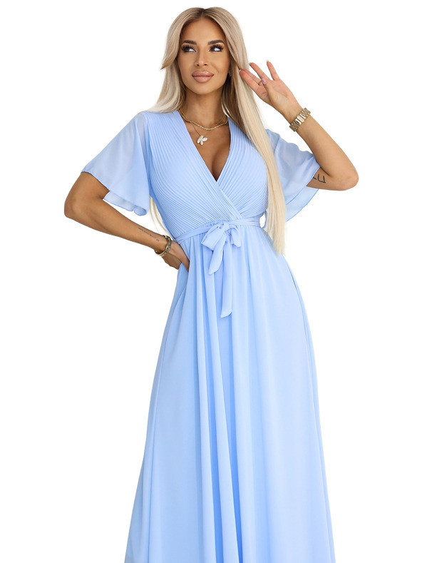 numoco 545-2 Dlouhé šaty s plisovaným výstřihem a zavazováním - světle modré