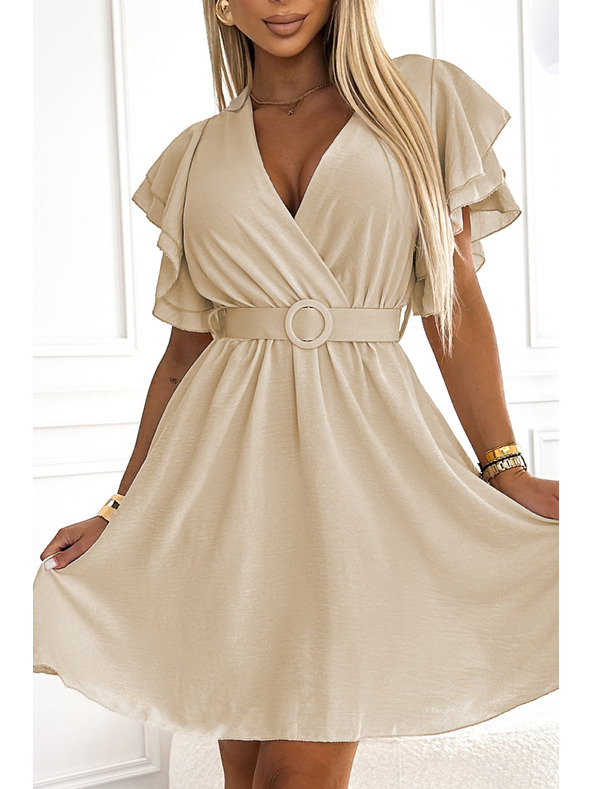 numoco 586-1 Dámské šaty s psaníčkovým výstřihem, rukávy a páskem - béžové