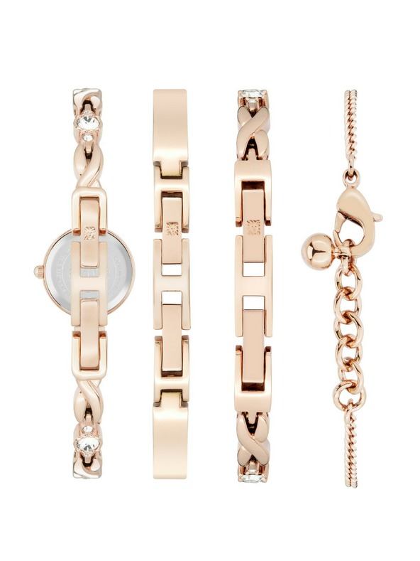 Anne Klein Růžovozlatá dámská souprava hodinek a šperků Anne Klein