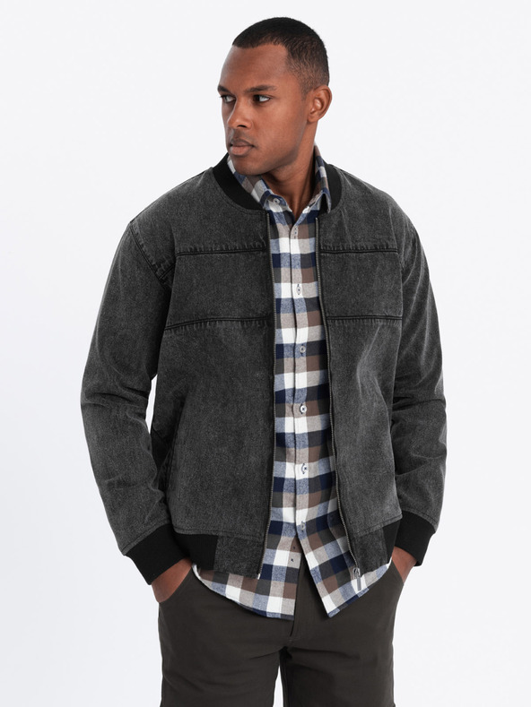Ombre Clothing Pánská džínová bunda bomber s efektem stone wash - černá V2 OM-JADJ-0163 Ombre Clothing