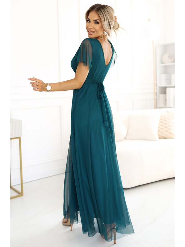 numoco 562-4 NASTIA Dlouhé šaty s výstřihem a krátkým rukávem - zelené