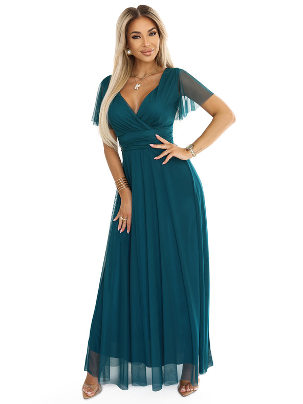 numoco 562-4 NASTIA Dlouhé šaty s výstřihem a krátkým rukávem - zelené