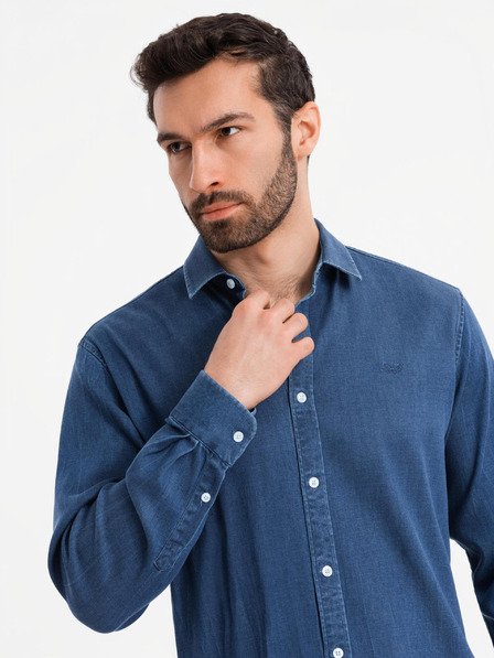 Ombre Clothing Pánská džínová košile s lyocellem a výšivkou na prsou Ombre Clothing