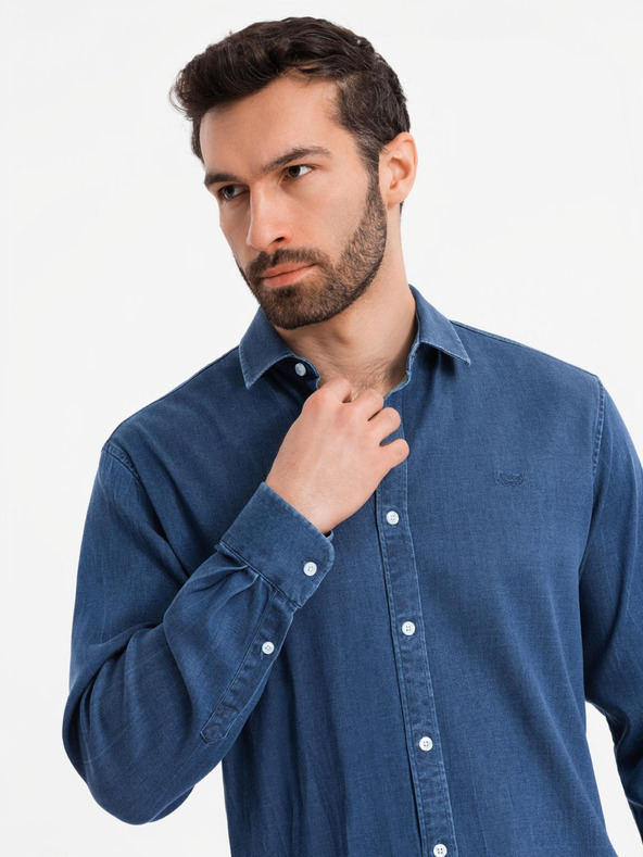 Ombre Clothing Pánská džínová košile s lyocellem a výšivkou na prsou Ombre Clothing