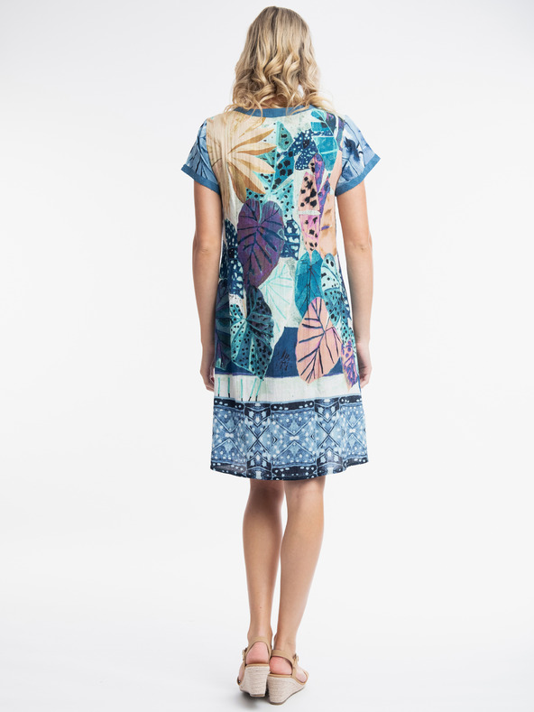 Orientique Modré dámské vzorované šaty s příměsí lnu Orientique Agios