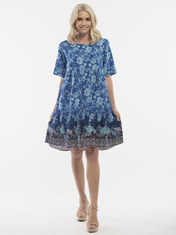 Orientique Modré dámské vzorované šaty s příměsí lnu Orientique