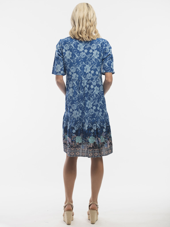 Orientique Modré dámské vzorované šaty s příměsí lnu Orientique