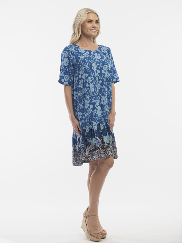 Orientique Modré dámské vzorované šaty s příměsí lnu Orientique