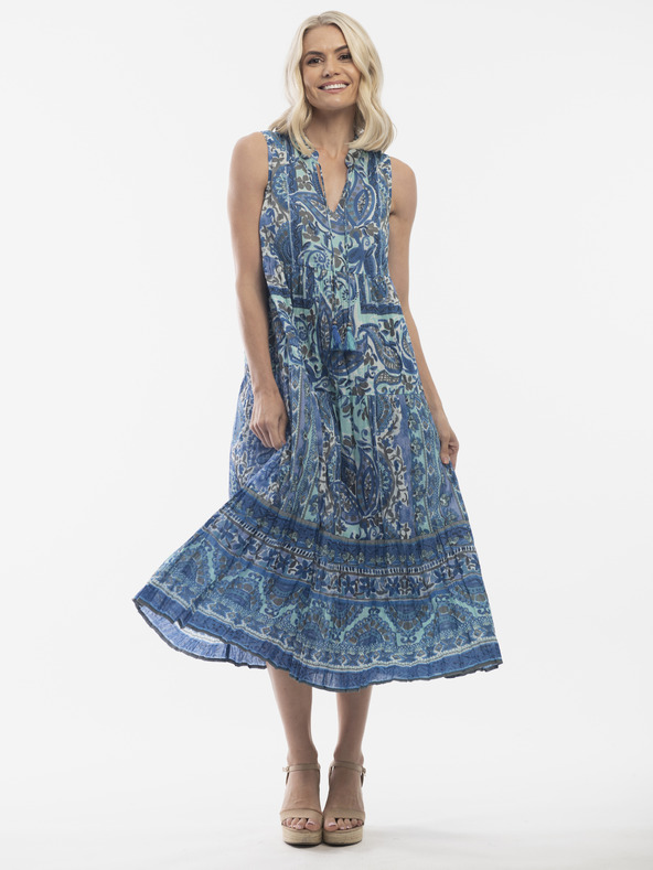 Orientique Modré dámské vzorované midišaty Orientique