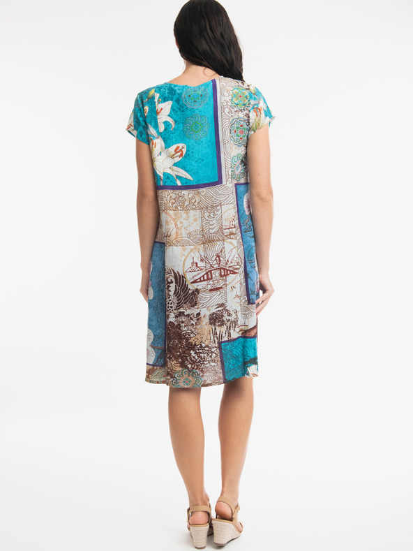 Orientique Hnědo-modré dámské vzorované šaty s příměsí lnu Orientique Leonardo