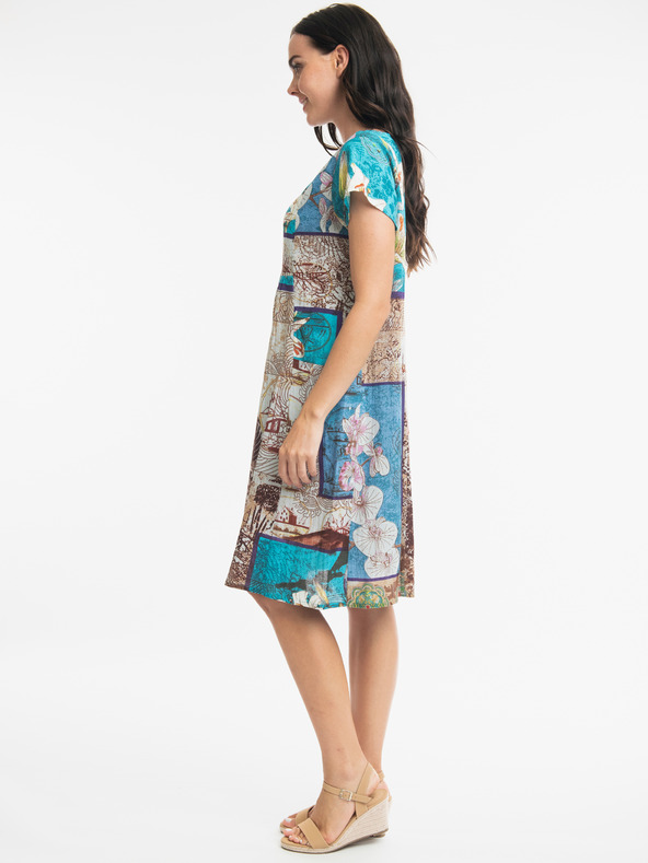 Orientique Hnědo-modré dámské vzorované šaty s příměsí lnu Orientique Leonardo