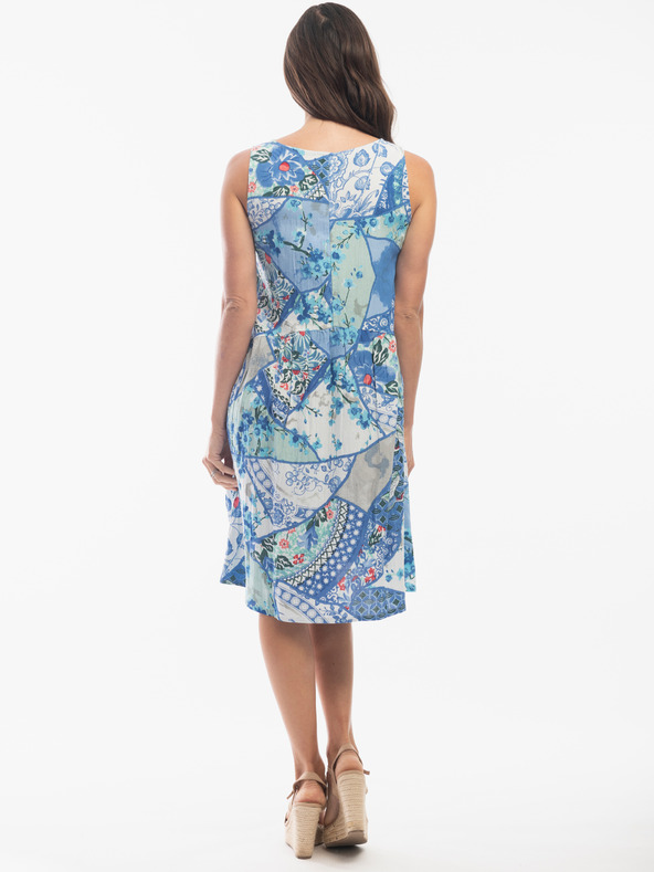 Orientique Světle modré dámské lněné vzorované šaty Orientique