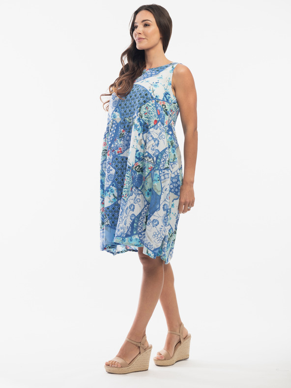 Orientique Světle modré dámské lněné vzorované šaty Orientique