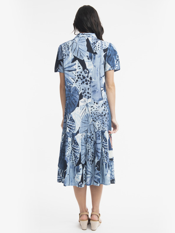 Orientique Modré dámské košilové midišaty s příměsí lnu Orientique Agios