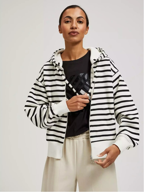 Moodo Černo-bílá  pruhovaná mikina s kapucí na zip Moodo