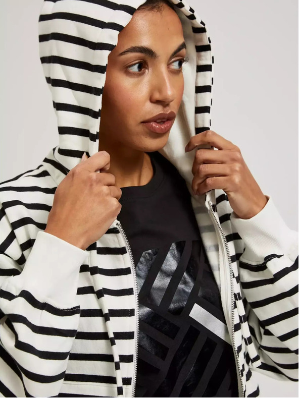 Moodo Černo-bílá  pruhovaná mikina s kapucí na zip Moodo